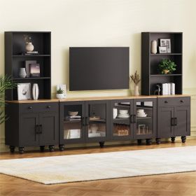 ON-TREND Farmhouse TV Stand With Solid Wood Gourd-Shaped Legs For TVs Up To 70, Entertainment Center With Bookshelves & Tempered Glass Doors, Media Co