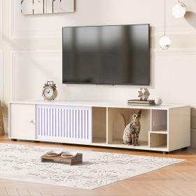 Modern Cream White TV Stand With Storage, Cat Litter Box Enclosure With Removable Sliding Door