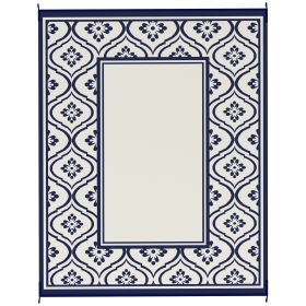 Reversible Outdoor Rug, Waterproof Plastic Straw With Carry Bag, 8 X 10, Blue & White Gourd Border