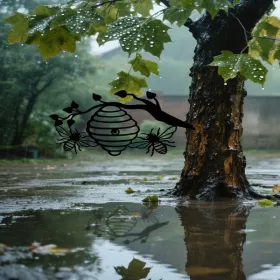 CIFbuy Sunny Yellow Honeycomb Iron Wall Art Outdoor Bee And Tree Silhouette Garden Hanging Decor For Patio Yard Backyard(TikTok, Temu Pick-up Service)