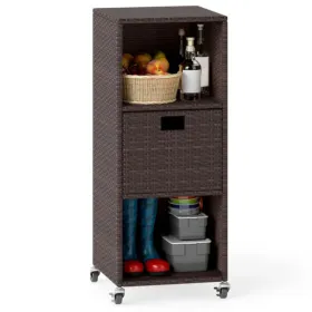 Mix Brown PE Rattan Outdoor Storage Cabinet, 3-Shelf With Removable Drawer & Lockable Wheels