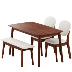 1 Table 2 Chairs 1 Bench Dining Set, Rubber Wood Frame With Beige Upholstered Seats, Deep Walnut Finish Rectangular Kitchen Dining Furniture