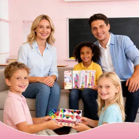 Candy-Free Valentine's Day Gifts For Kids â€“ 28 Pack Giant Lollipop Stationery Valentines Kit With Cards, Pencils, Erasers, Rulers & Stickers â€“Clas