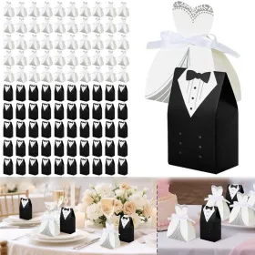 100 Pcs Wedding Favor Boxes With Ribbon Dress Tuxedo Candy Chocolate Gift Box Paper Candy Favor Box Bridal Shower Table Decorations