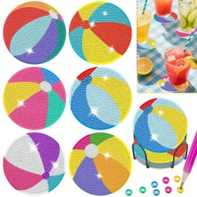 6 Pack Beach Balls Rhinestones Art Painting Coaster Kit Summer Holiday DIY Rhinestones Painting Coasters With Holder Cute Non Slip Coaster Art Supplie