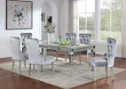 Glam Silver And Dark Gray 7pc Dining Set Table w Leaf Wingback 6x Chairs Acrylic Tufted Dining Room Furniture