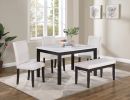 Classic Stylish 5pc Dining Set Kitchen Dinette Faux Marble Top Table Bench and 3x Chairs White Faux Leather Cushions Seats Dining Room