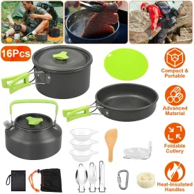Set Of 16Pcs Camping Cooking Ware Camping Stove Cookware Kit Aluminum Kettle With Bowls Knife Fork Spoon Carabiner Spatula Cutting Board For Hiking Pi