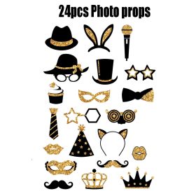 24-piece Birthday Party Photo Prop Set, Including Mustaches, Glasses, Hats, Wigs, And Crowns - Gold And Black Theme, Suitable For 40th, 50th, 60th Wed