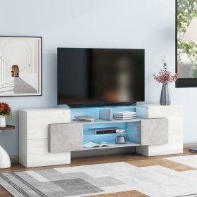 ON-TREND Unique Shape TV Stand With 2 Illuminated Glass Shelves, High Gloss Entertainment Center For TVs Up To 88, Versatile TV Cabinet With LED Color