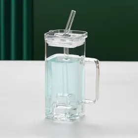 1 Pcs Transparent Glass Straw Cup, 6 Colors Square Glass Cup With Straw And Lid, High Borosilicate Glass Cup, Milk Cup, Juice Cup, Cold Drink Cup, Cof