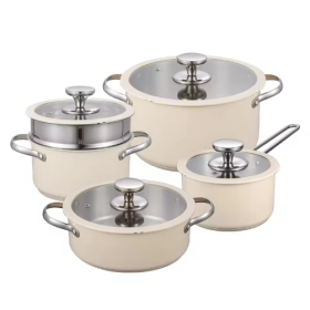 9pcs Stainless Steel Ceramic Coated Pot Set, Including 1 Milk Pot, 2 Stockpots, 1 Non-stick Pan, 4 LIDS And 1 Steamer
