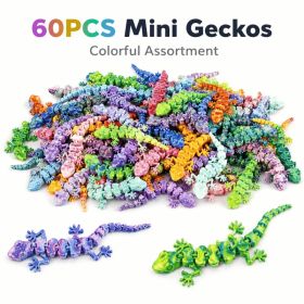 60PCS Mini Gecko Figurines, Random Color 3D Printed Articulated Decor, Flexible Lizard Miniatures For Plant Shelf Desk Display (Option: 60PCS-Random Mixed Colors)