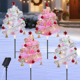 Set Of 4 Prelit Pathway Christmas Trees, 33.86" Outdoor Xmas Tree With Twining Ribbons, Red Balls And Bells, Solar And Type-C Powered Xmas Decor (Option: Colorful)