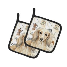 Longhaired Cream Dachshund Coffee Bar Pair of Pot Holders Pair 7.5x7.5 Quilted Insulated Hot Pads Decorative Kitchen Gift Made in USA (Option: Default)