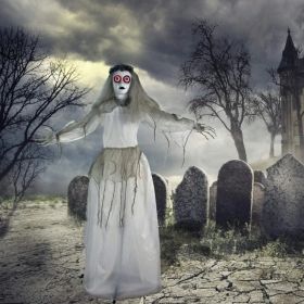 Haunted Hill Farm Zombie Bride With Pop-Up Head And Light-Up Eyes, Halloween Animatronic For Battery Operated Scary Indoor Or Covered Outdoor Hal (Option: 64StandingBride)