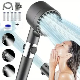 Shower Head, High Pressure Flow Multiple Modes, 5 Layers Filter, Hard Water Power Rinse, With Switch, Suitable For Pet Bathing, Vertical Shower, White (Option: Normal9piecesetwith5filters)