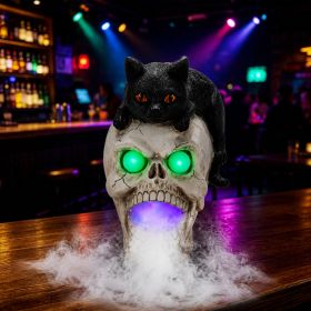 Halloween Black Cat Skull Statue with LED Light, Fog Smoke Effect Resin Decor (Option: Black White)