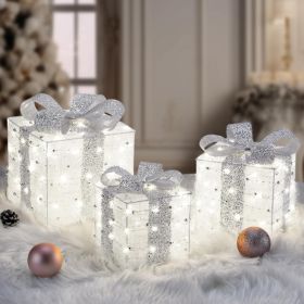 Christmas Lighted Gift Boxes 140 LEDs Christmas Decoration Set Of 3, Silver (Option: White)