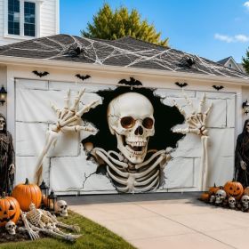 6 X 13 FT Giant Skull Halloween Garage Door Decorations Skeleton Halloween Decorations Witch Door Cover, Hanging Banner, Cauldron Backdrop Mural (Option: White)