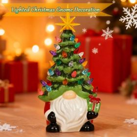 Christmas Gnome Christmas Tree, 8In Mini Ceramic Lighted Christmas Tree, Small Mini Prelit Xmas Holiday Decor for Tabletop Home Room Table Firepl (Option: Green)
