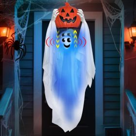 Sound Activated Halloween Animatronics Hanging Ghost Holding Pumpkin Hide And Seek Ghost With Blue Light Creepy Sound For Halloween (Option: White)