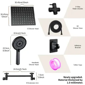 12-inch High-flow Square-shaped Design Shower Head Set, Water-saving High-pressure Rain Head For Smooth Flow, 11-inch Adjustable Arm For Comfort, Thre (Option: matteblack)