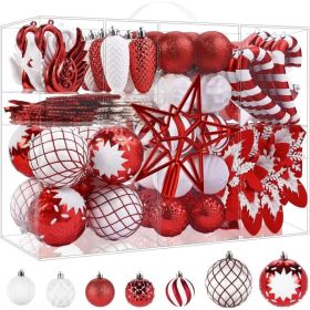 128pcs Christmas Balls Ornaments Set, Shatterproof Plastic Baubles Christmas Flowers, Ribbon Tree Topper For Xmas Tree Holiday Wedding Party Deco (Option: RedWhite)