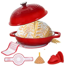 Enameled Cast Iron Dutch Oven With Lid,11" Bread Oven,6 Quart Enamel Bread Pan,Dutch Oven For Sourdough Baking-with Silicone Mat,Thick Enamel Oven Pan (Option: Red)