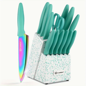 14-Piece Rainbow Colored High Carbon Stainless Steel Kitchen Knife Set, Titanium Coated Blade, Rust-Free & Super Sharp, Flatware Set With Wooden Stand (Option: Green)