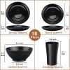 Black Dinnerware Set for 4, 16 Pack Plastic BPA-Free Dinner Plates, Salad Plates, Cereal Bowls, Cups, Unbreakable Plates and Bowls Sets
