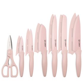 Kitchen Knife Set With Guards, 13 Piece Pink Non-Stick Boxed Knives Set, Anti-Rust And Dishwasher Safe, 6 Knives With 6 Blade Covers And Kitchen Shear (Option: pink)