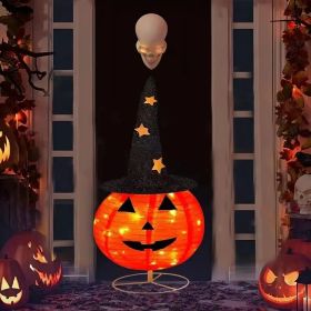 Halloween Foldable Pumpkin Lights - Pre-Lit Pop-Up Jack-O'-Lanterns With Starry Hat, 3 Modes & Battery Box For Indoor/Outdoor Decor, Porch, Garde (Option: TangerineYellow)