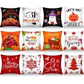 Set Of 12 Halloween Pillow Covers 18 X 18 Inch Christmas Fall Holiday Throw Pillow Case, Seasonal Pillow Covers, Spider Pumpkin Turkey Ghost Snow (Option: Multicolor)